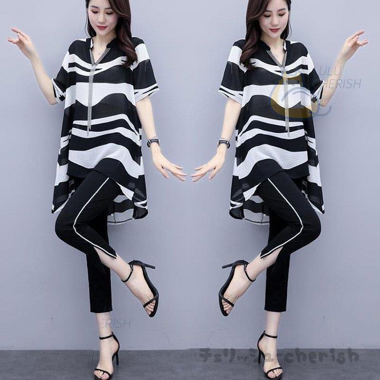 国内在庫 オシャレセットアップ 春夏 レディース セットアップ 半袖tシャツ七分丈パンツ 卒業式 40代 通勤 韓国風 カジュアル 大きいサイズ2点セット シフォン セットアップ サイズ L Sistemadomdelivery Com Br