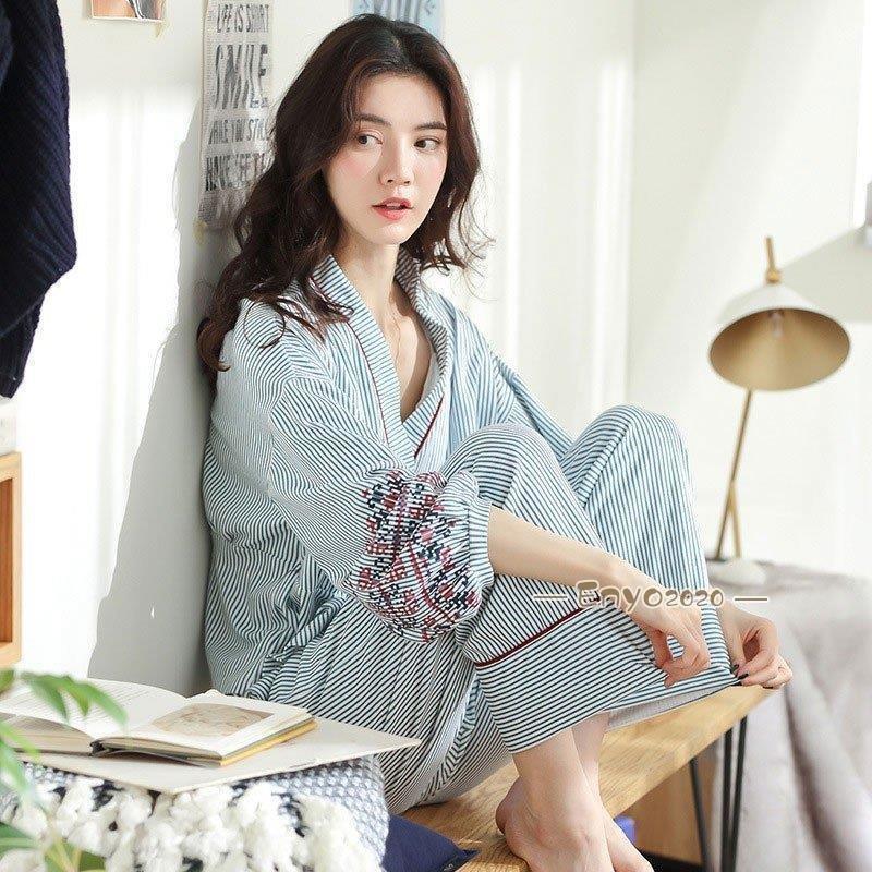 送料無料 新品 長袖 ルームウェア レディース パジャマ パジャマ 春秋 綿 ナイトウェア 寝間着 寝巻き 部屋着 浴衣風 和風 上下セット ストライプ 上下セット カラー ブルー qhema Com