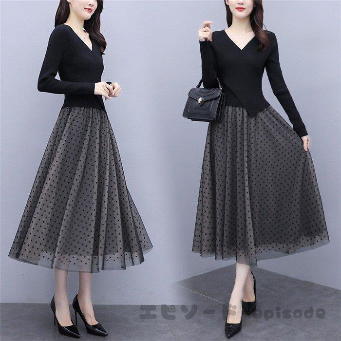 ロングワンピース レディース ワンピース 秋 冬 長袖 40代 30代 チュールスカート ブラックワンピース 黒 きれいめ オシャレ 通勤 着痩せ 上品 フォーマル 日本人気超絶の