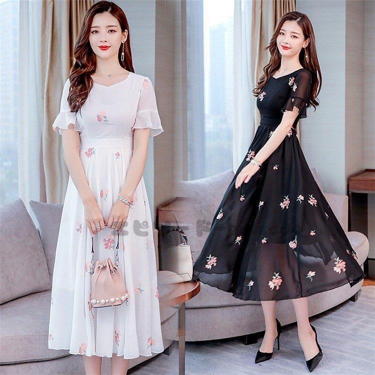 ワンピース レディース オシャレ 夏 花柄 ホワイト 黒ワンピ 半袖 着痩せ シフォン ミモレ丈 40代 Aライン コーデ 結婚式 パーティー ドレス Nz Dx13 エピソード Episode 通販 Yahoo ショッピング