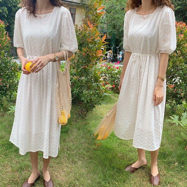 ワンピース レディース ミモレ丈ワンピース 新作 ミディアム丈 ワンピース Aライン 半袖 レースワンピ パフスリーブ 丸首 上品 可愛 全国宅配無料