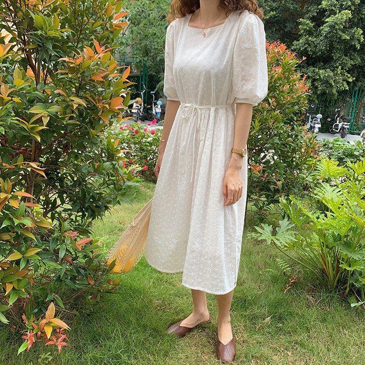 ワンピース レディース ミモレ丈ワンピース 新作 ミディアム丈 ワンピース Aライン 半袖 レースワンピ パフスリーブ 丸首 上品 可愛 全国宅配無料