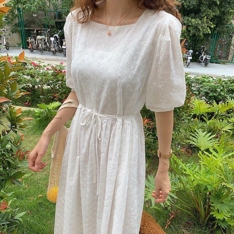 ワンピース レディース ミモレ丈ワンピース 新作 ミディアム丈 ワンピース Aライン 半袖 レースワンピ パフスリーブ 丸首 上品 可愛 全国宅配無料