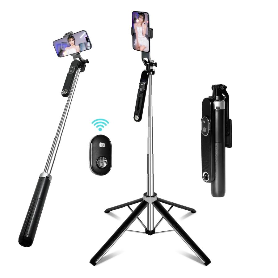 スマホ 三脚 自撮り棒 長い 180cm以上 スマホスタンド 設計強化180cm & 充電式リモコン 1/4ネジ付き じどり棒 カメラ 一脚/三脚 360°回転 コンパクト