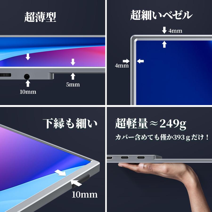 モバイルモニター 10.5インチ 超軽量249g 高輝度450nits 100%sRGB広色