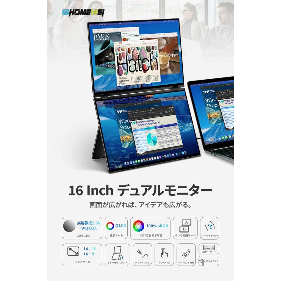 EWEI デュアルモニター 16インチQLED2.5K2560x1600 EHOMEWEI デュアルモニター 16インチ QLED 2.5K 2560x1600 デュアル