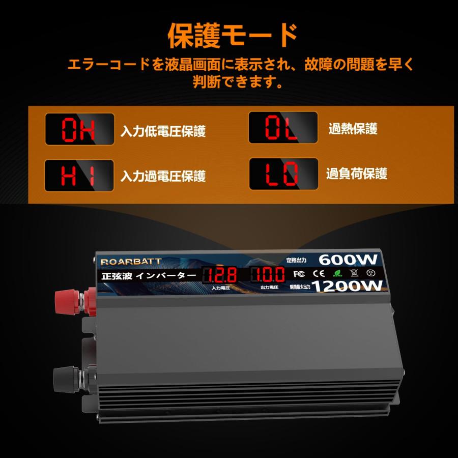 ROARBATT インバーター 正弦波 12v 100v 600W 純正弦波 瞬間出力1200Ｗ DC12V（