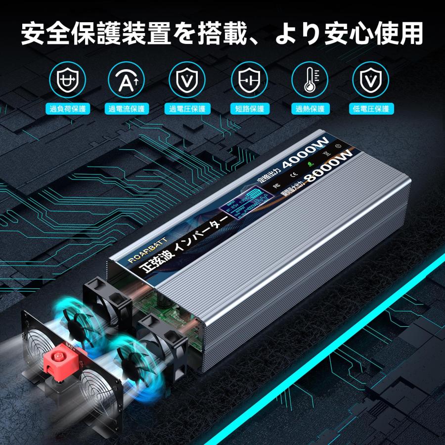 ROARBATT 12V 4000W インバーター 正弦波 瞬間最大8000W DC12VをAC100