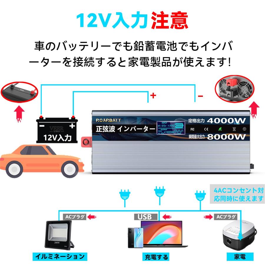 ROARBATT 12V 4000W インバーター 正弦波 瞬間最大8000W DC12VをAC100