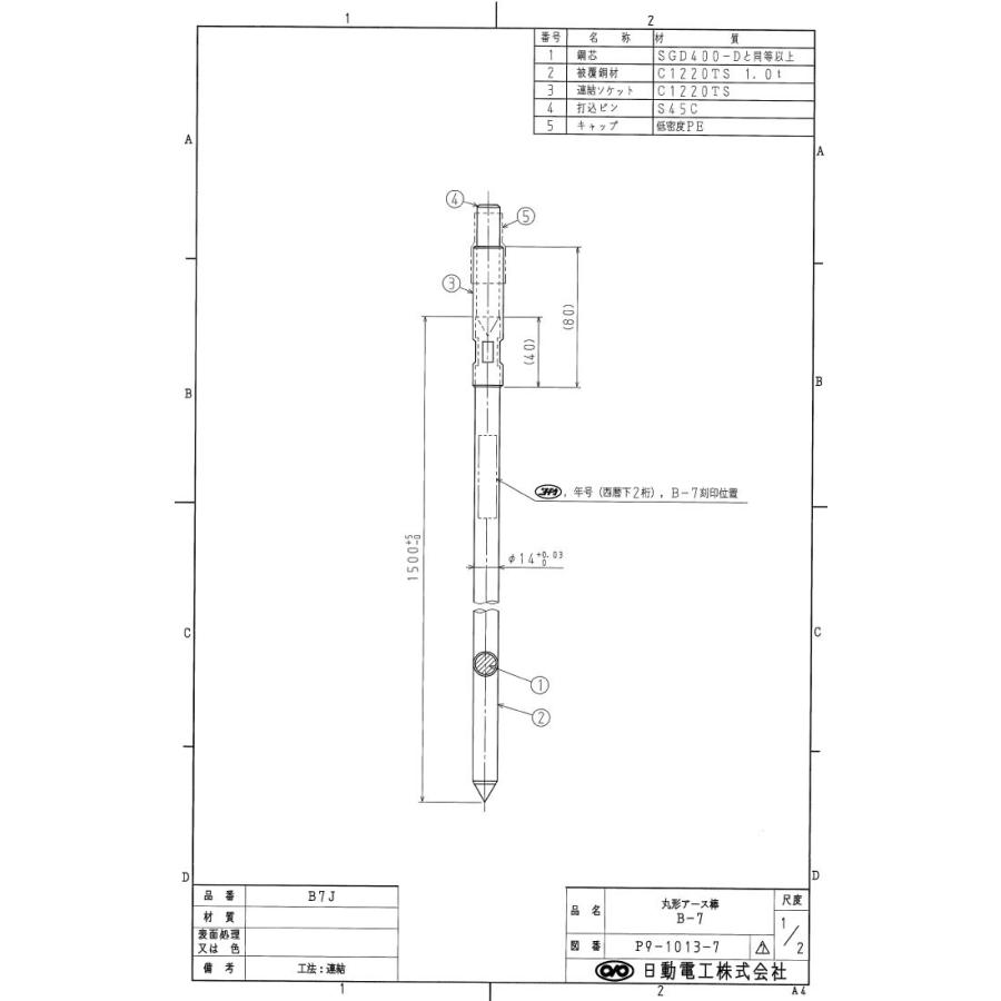 【日動電工】丸型アース棒 連結工法用（下）　ΦD=14mm　L=1500　リード端子別途　B7J｜lumiere10｜04