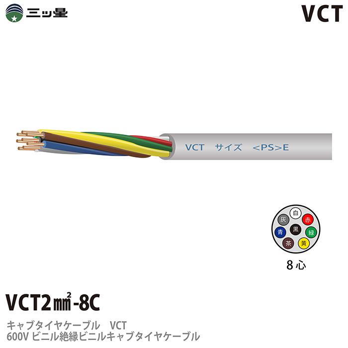 600Vビニル絶縁ビニルキャブタイヤケーブル VCT 2sq-8C ビニルシース色：グレー100m