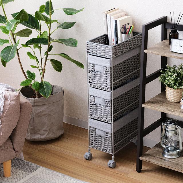 チェスト ワゴン おしゃれ 完成品 3段 幅20 ランドリーチェスト ランドリー収納 リビングチェスト  サニタリー 脱衣所 ランドリーラック ラタン調 AMC20-3 | DOSHISHA | 12