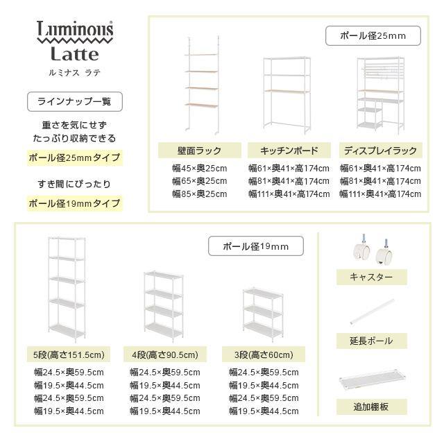 ルミナス　長さ235cmポール✖4本　未使用キャスター　送料込み Luminous キッチンラック スリム 幅20cm 4段 ルミナスラテ ホワイト 白