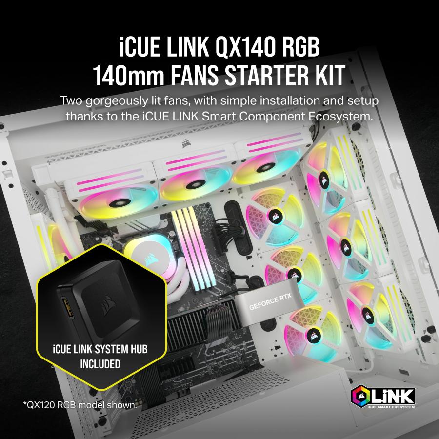 iCUE LINK QX140 RGB スターターキット White 140mm PWM RGB PCケースファン 【有線】 (ファン2個、iC