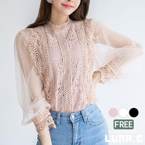 ハイネック レース ブラウス オフィス スーツ インナー レディース シャツ 盛り袖 トップス 長袖 チュール シースルー プルオーバー 韓国 ファッション 上品 At Luna G 通販 Yahoo ショッピング
