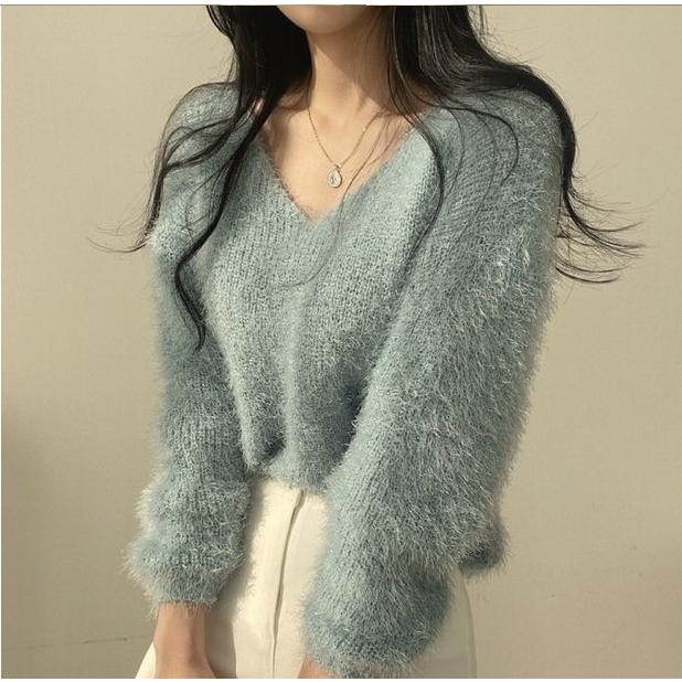 シャギーニット vネック 秋冬 春 長袖 体型カバー ふわふわ セーター