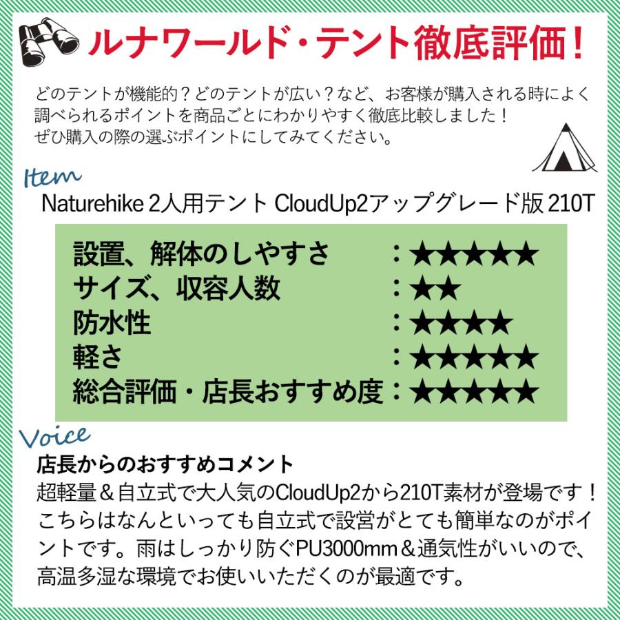 2人用 テント（専用グランドシート付） CloudUp2 アップグレード版 210T 超軽量 4シーズン 自立式 PU3000 キャンプ Naturehike ネイチャー ハイク 正規販売店｜luna-world｜18