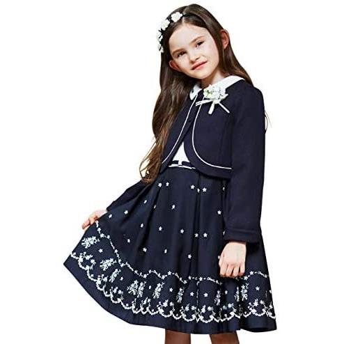 かわいい新作 Chopin ショパン 入学式 130 ネイビー アンサンブル ワンピース ノーカラージャケットエンブロイダリー スーツ 女の子 フォーマル ドレス スーツ