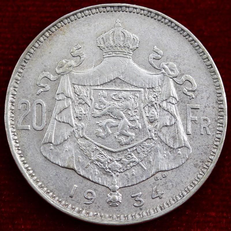 ベルギー 1934年 20フラン 銀貨 アルベール1世 : エルズコレクション