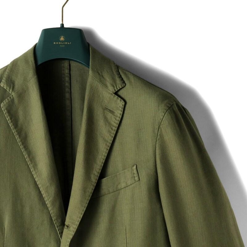 BOGLIOLI / ボリオリ ガーメントダイリネンコットンストレッチヘリンボーン3Bジャケット(COAT) （オリーブグリーン）の画像