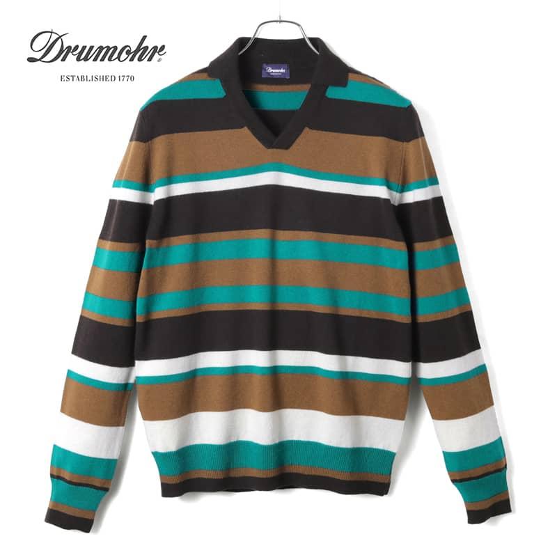 DRUMOHR（ドルモア） ボーダー柄カシミヤハイゲージオープンカラー 