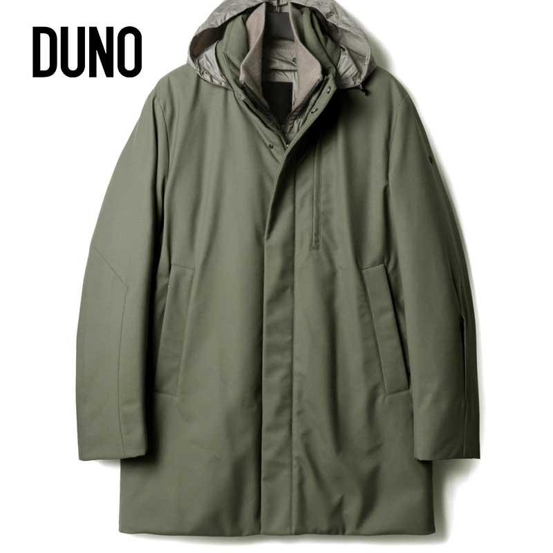 DUNO / デュノ 撥水ウールポリエステルギャバジン比翼仕立てデタッチャブルスタンドカラーダウンコート(BLAKED/DOBBIACO) （グリーン×シャンパンベージュ）
