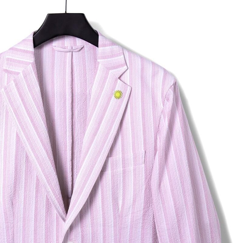 Giannetto / ジャンネット ストライプ柄コットンストレッチシアサッカー2Bアンコンシャツジャケット(CORALLO JACKET/51286) （ホワイト×ラベンダーピンク）の画像