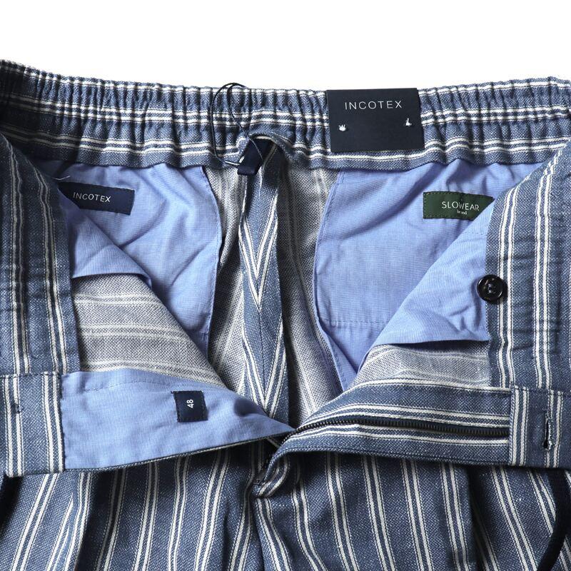 INCOTEX / インコテックス コットンリネンストライプ柄ウエストシャーリングテーパードパンツTAPERED FIT(1T0078/90450) （ライトインディゴ×オフホワイト）の画像