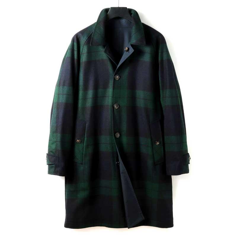 l'impermeabile / リンペルメアビレ コットンギャバジン×ブラックウォッチ柄ウールリバーシブルステンカラーコート(DEAN) （ネイビー/ブラックウォッチ）の画像