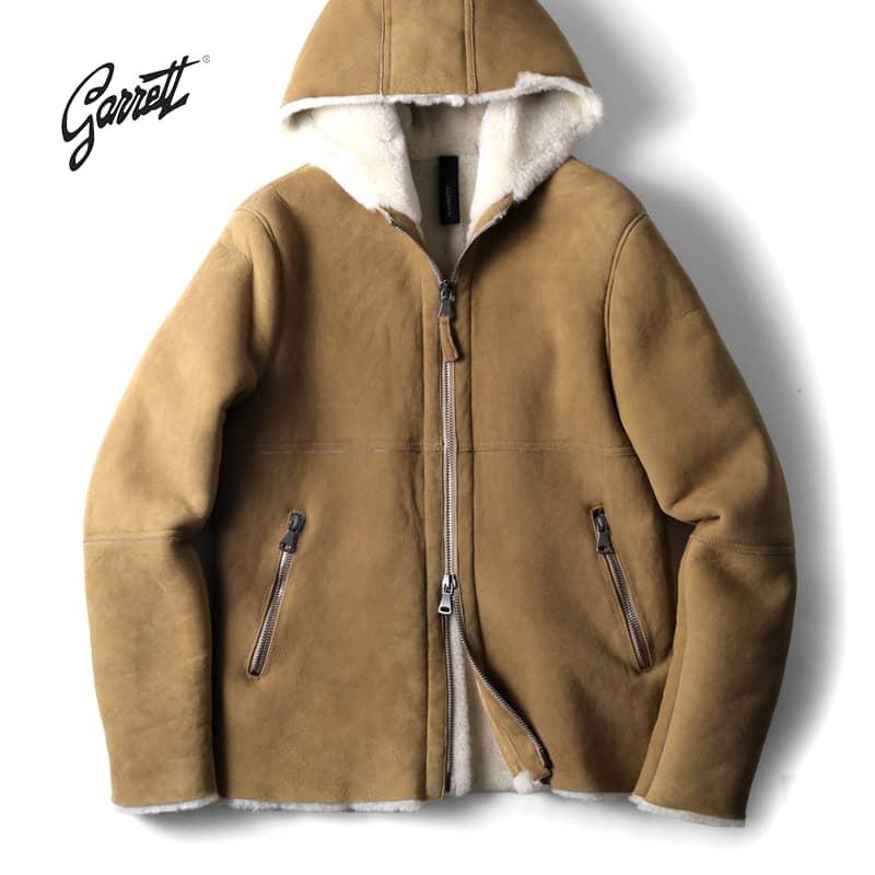 Theoryのキャメル フード付きソフトレザー ジップアップジャケット S GARRETT（ギャレット） メリノムートンレザーフーデッドジャケット