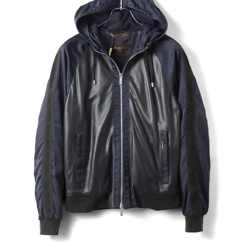 MOORER（ムーレー） パンチングレザー×ナイロンフーデッドブルゾン