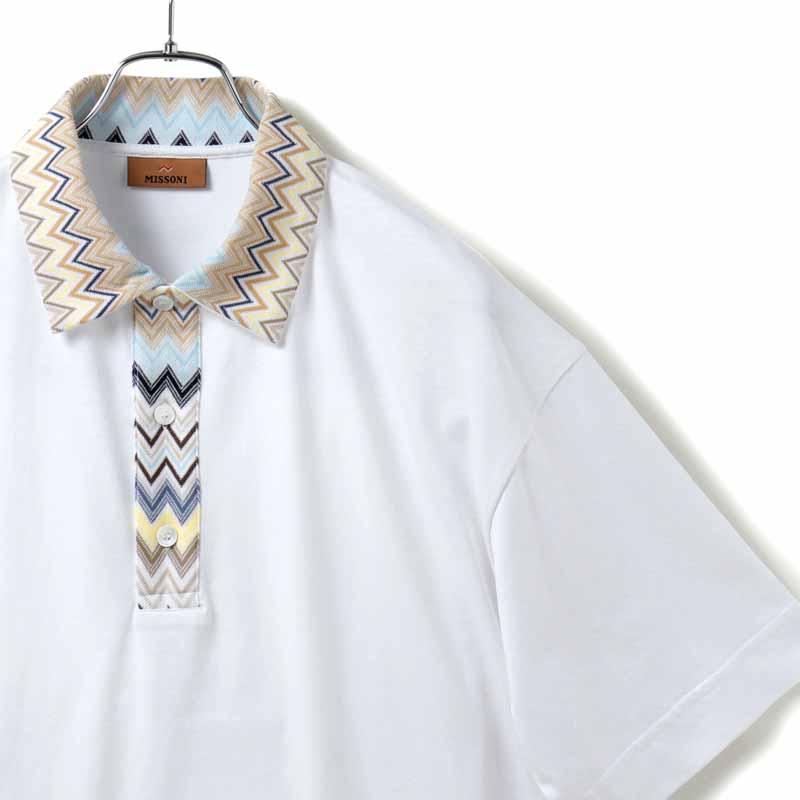 ミッソーニ 美品 ニット ポロシャツ マルチカラー ジグザグ柄 半袖 /SJ MISSONI（ミッソーニ） 襟&前立てジグザグ柄切り替えしコットン半袖