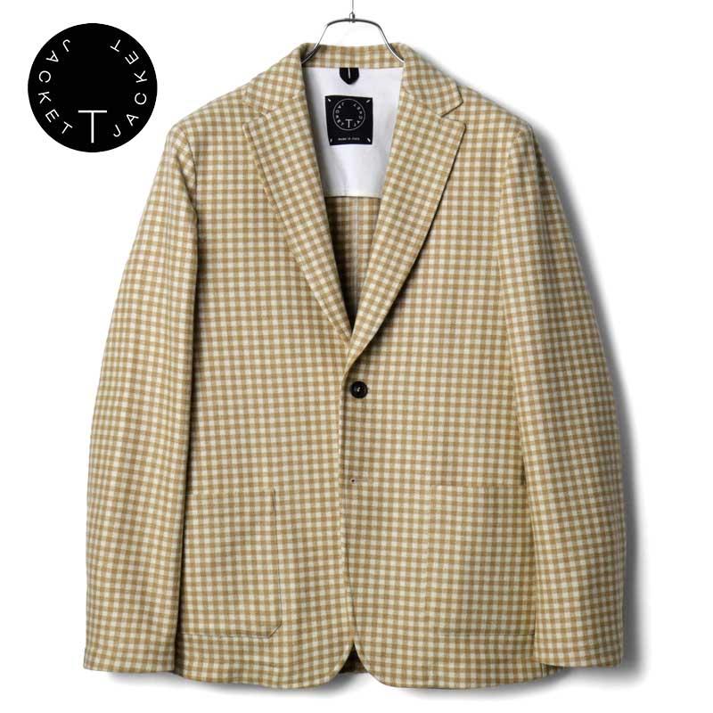 T-JACKET / ティージャケット シェパードチェック柄ウールポリエステルナイロンライトツイード調ジャージー2Bジャケット(51G419JR) （ベージュ×オフホワイト）