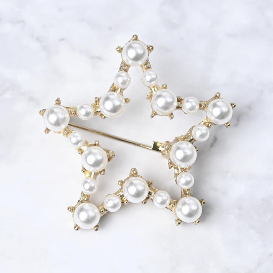 メール便送料無料 ブローチ レディース 星 スター パール 中抜き