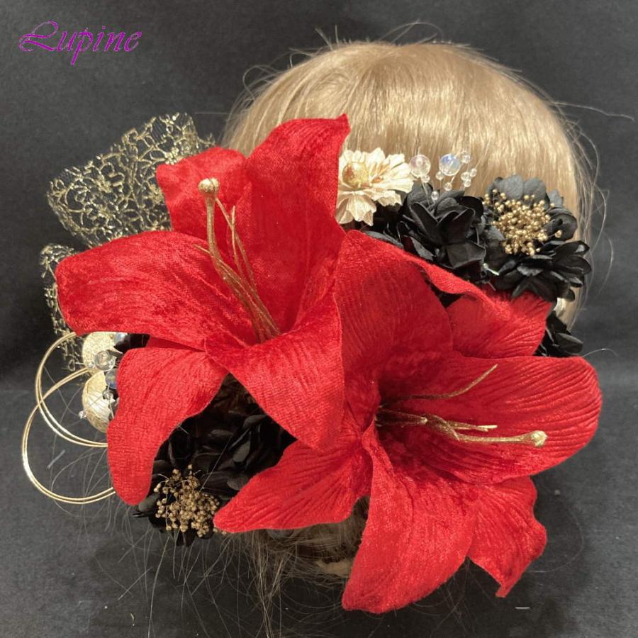大人気新品  ユリ カサブランカ 大輪 髪飾り Lupine レッド ゴールド 赤 ヘアアレンジ
