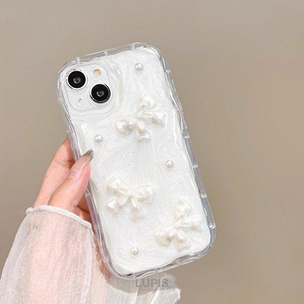 iPhoneケース iPhone14 iPhone15 リボン パール ガーリー フェミニン