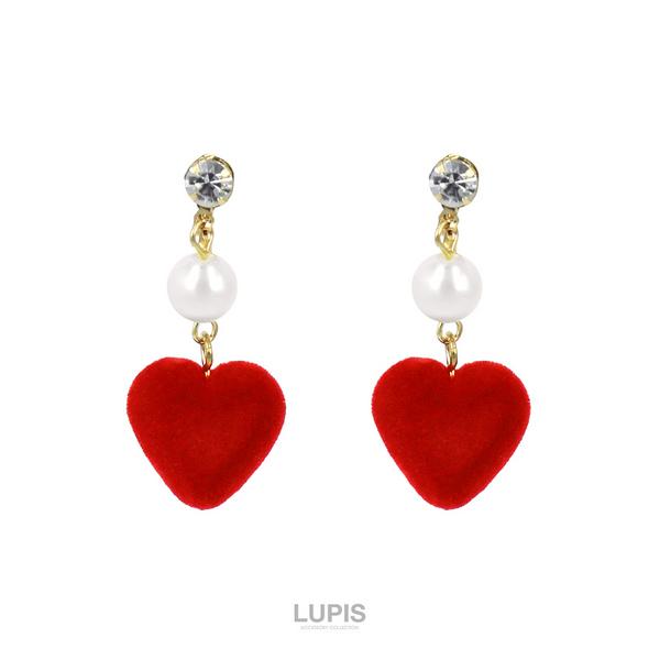 ピアス　ハート　フロッキー　赤　リボン　ビジュー　パール　バレンタイン　結婚式 LUPIS（ルピス） イヤリング クリップ式 ハート フロッキー ベロア