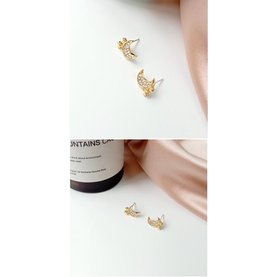 ムーン シェイプ ラインストーン ピアス ゴールド 2個セット