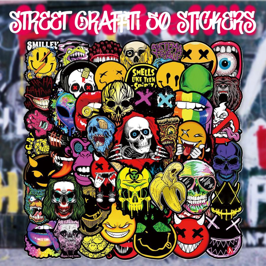 ストリート グラフィティ ステッカー 50枚セット PVC 防水 シール グラフィック アート スケート ニルヴァーナ パンク ロック 骸骨