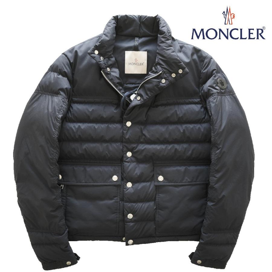 MONCLER モンクレール LONGUE SAISON レザー ロゴパッチ ダウン ジャケット ブルゾン Boutmy 紺 メンズ ロング