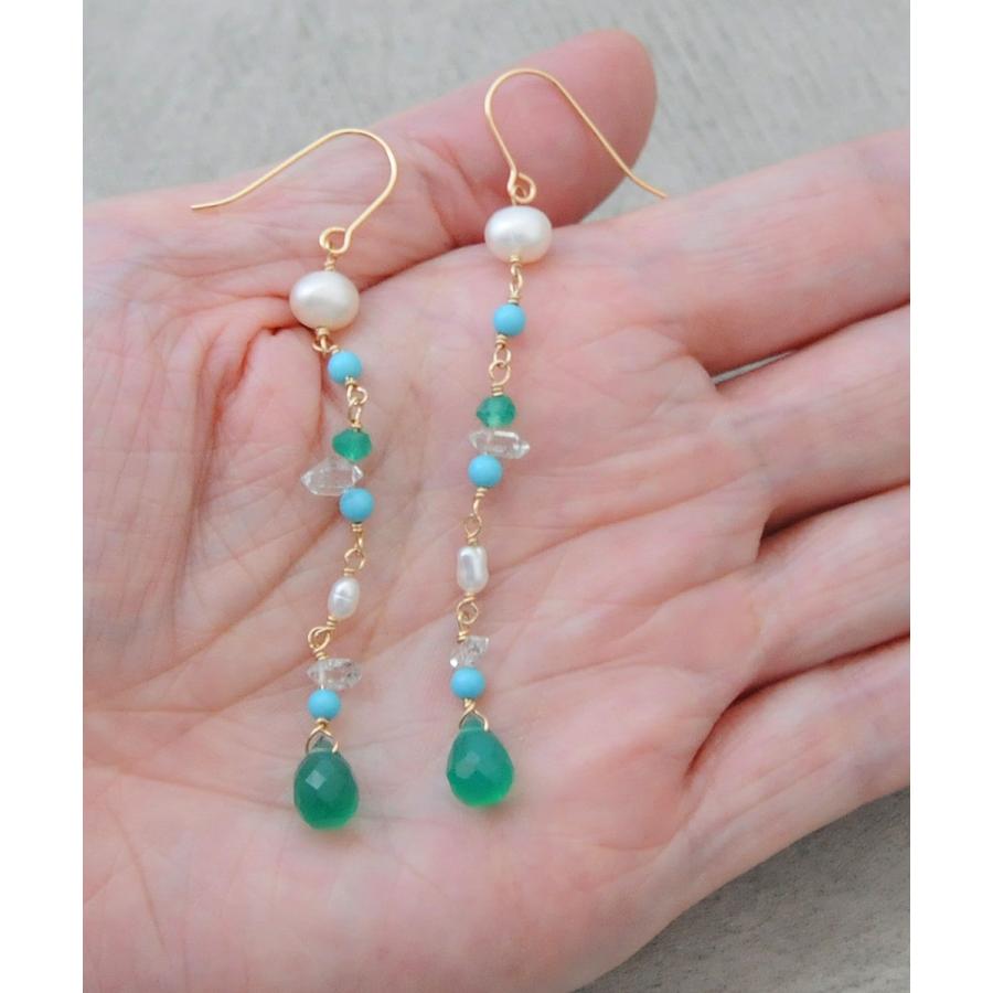 7amulet 14KGF グリーンオニキスとターコイズのロングピアス : ラブリ 