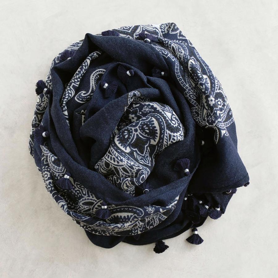 シトラス CITRUS POMPOM付き バンダナ柄 ウールストール ネイビー