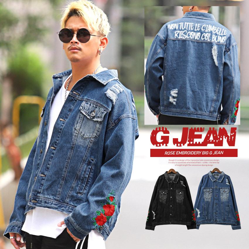 送料無料 デニムジャケット メンズ Gジャン デニム ビッグシルエット 薔薇 刺繍 ストリート 0067 Luxstyle 通販 Yahoo ショッピング