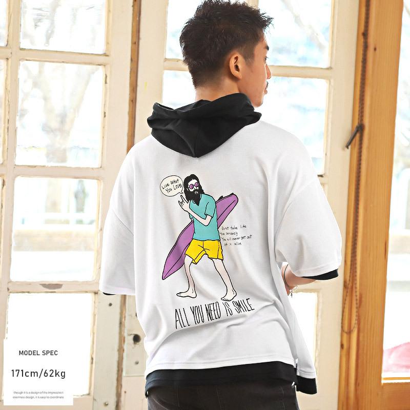 半袖パーカー メンズ ビッグシルエット フェイクレイヤード イラスト 重ね着風 ストリート 0407 Luxstyle 通販 Yahoo ショッピング