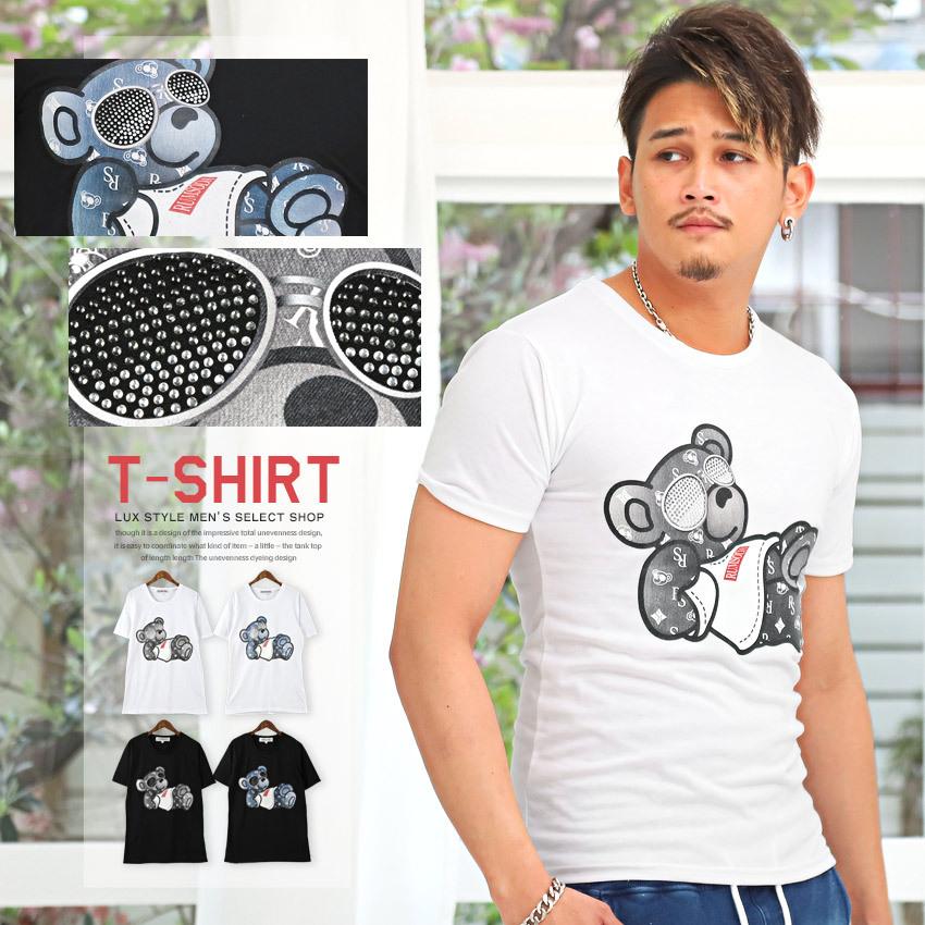 Tシャツ メンズ トップス イラスト クルーネック ラインストーン ロゴ プリント 半袖 ベア ビター系 0538 Luxstyle 通販 Yahoo ショッピング