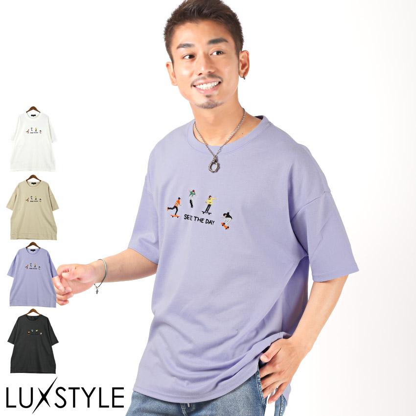 Tシャツ メンズ トップス 夏 レトロ スケボー 刺繍 ロゴ イラスト ビッグシルエット 半袖 ストリート 0657 Luxstyle 通販 Yahoo ショッピング