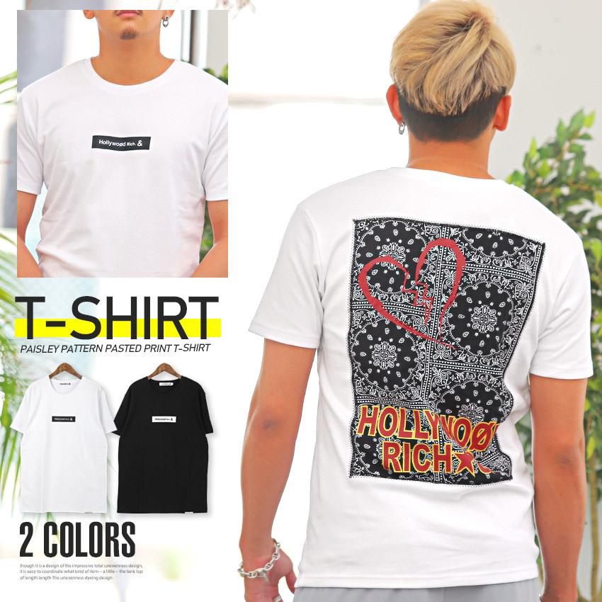 Tシャツ メンズ トップス 細身 黒 白 カットソー バンダナ柄 プリント ロゴ ペイズリー柄 半袖 ビター系 07 Luxstyle 通販 Yahoo ショッピング