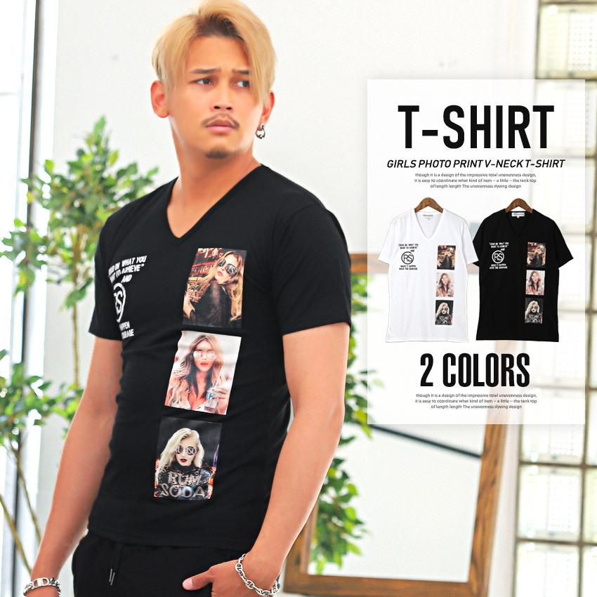 Tシャツ メンズ トップス 細身 黒 白 カットソー ロゴ プリント ガールズフォト 半袖 Vネック ビター系 05 Luxstyle 通販 Yahoo ショッピング