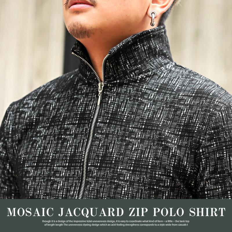 ポロシャツ メンズ モザイク柄 半袖 ハーフジップ ゴルフ ビター系