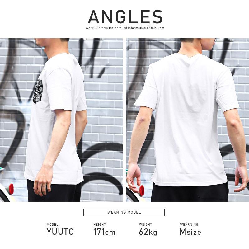 バンダナ柄 Tシャツ ホワイト Tシャツ メンズ 半袖 ポケット ペイズリー柄 バンダナ柄 プリント ポケ